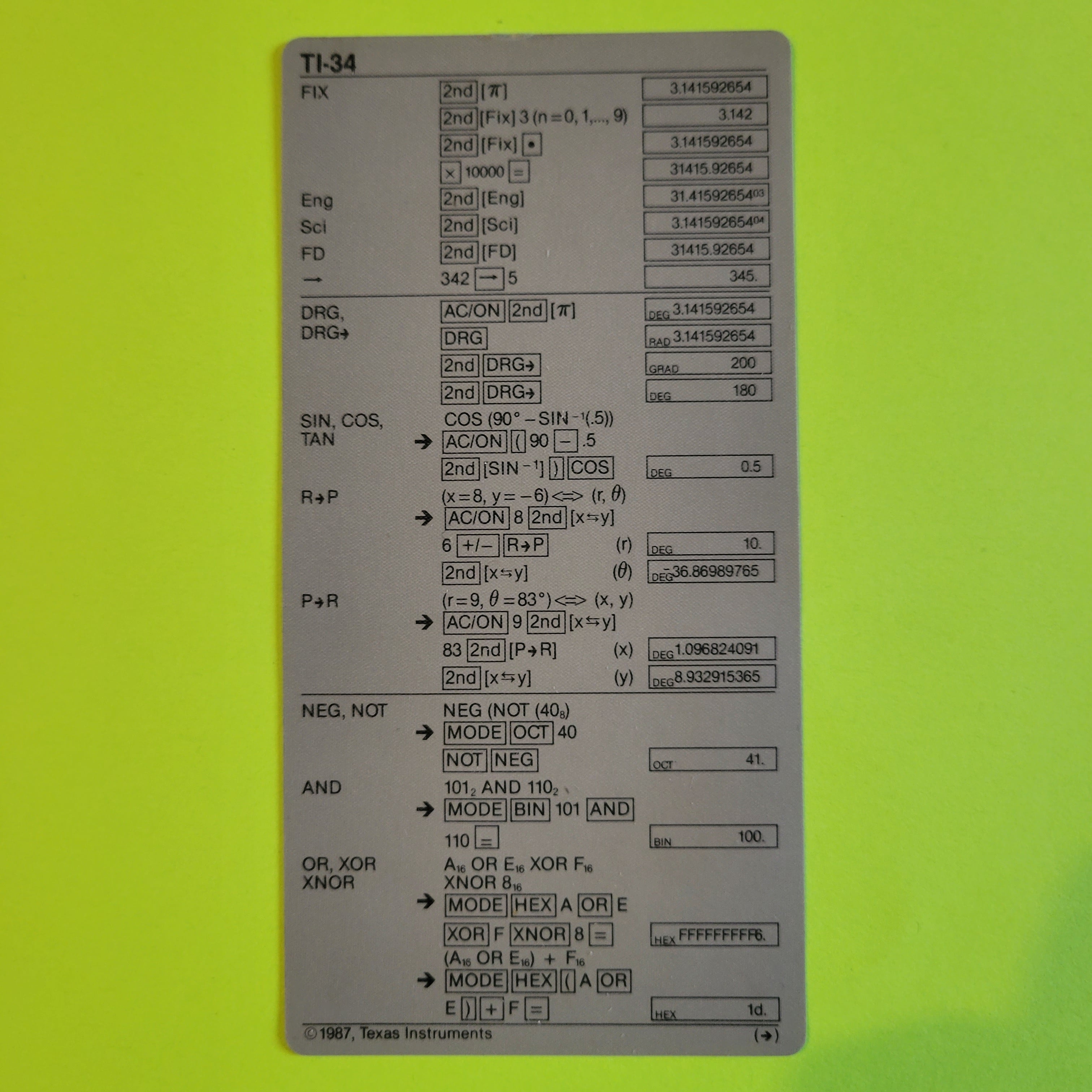 An image of the insert of a texas instruments ti-34 scientific/engineering calculator